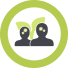 Icon representing Teaching and Learning. Two silhouettes (one larger than the other) in front of a growing plant.