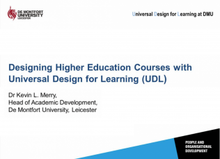 De Montfort University Leicester logo next to title text: Designing Higher Education Courses with Universal Design for Learning (UDL), Dr. Kevin L. Merry