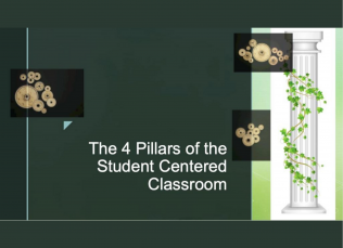 A column wrapped in ivy is surrounded by pictures of gears and the text: The Four Pillars of the Student Centered Classroom
