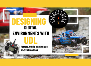 A remote control car and speed gauge sit next to the title text: Road Trip UDL: Designing Digital Environments with UDL as the Roadmap