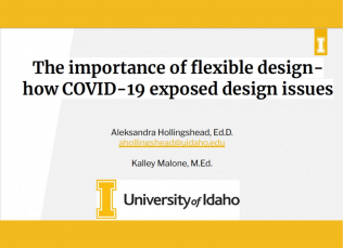 The University of Idaho logo underneath the title and presenter text: The Importance of Flexible Design- How COVID-19 Exposed Design Issues, Aleksandra Hollingshead, Kalley Malone