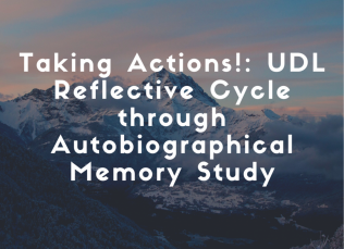 Snow covered mountains overlapped with the text: Taking Actions!: UDL Reflective Cycle through Autobiographical Memory Study