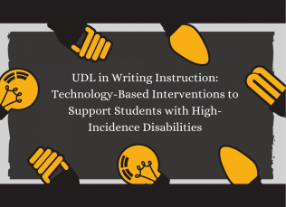 Graphics of lightbulbs surround the title text: UDL in Writing Instruction: Technology-Based Interventions to Support Students with High-Incidence Disabilities