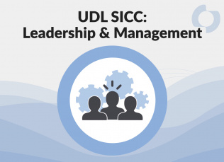 Leadership and Management logo with blue circle with three people and gears inside