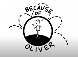 cartoon drawing of a stick figure child with a circle around him and the words because of Oliver