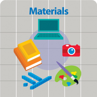 the word materials appears above images of books, computer, camera, paints, and other writing utensils