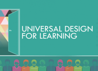 green background with the words Universal Design for Learning and an open door on the left and colored silhouettes of several people shoulder to shoulder at the bottom