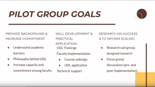Slide showing "Pilot Group Goals" from Faculty Learning Community for UDL & Inclusive Pedagogy 