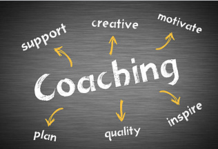 The word coaching surrounded by; support, creative, motivate, plan, quality and inspire. 