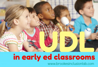 photo of young children sitting down and looking upward with the words UDL in early ed classrooms over the photo