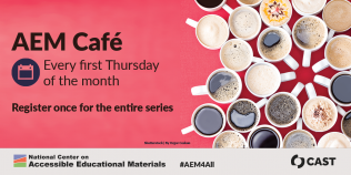AEM Café Graphic red background a group of coffee mugs arranged in a circle and radiating three or four layers of cups filled with a variety of coffees. Image text reads  AIM Cafe every first Thursday of the month register once for the series 