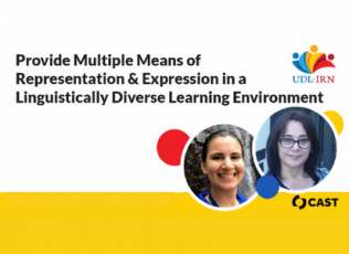 Graphic shows presenter images and session title: Provide Multiple Means of Representation & Expression in a Linguistically Diverse Learning Environment