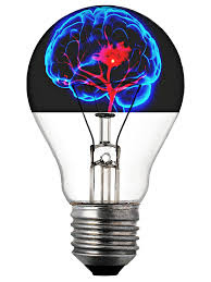 lightbulb with neon blue outline of brain in top of bulb